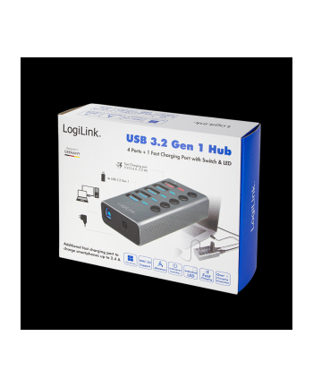 LogiLink USB 3.2 Gen 1 hub 4-port + 1x Fast Charging port on/off switch USB hub - 5 - Szary (UA0386)