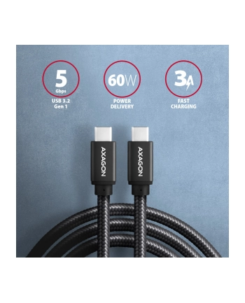 axagon Kabel USB-C  USB-C 3.2 Gen 1, 1m, PD 60W 3A, ALU, oplot BUCM3-CM10AB, czarny