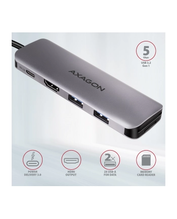 axagon Wieloportowy hub HMC-5 2x USB-A, HDMI, SD/microSD, USB 3.2 Gen 1, PD 100W, 20cm USB-C kabel