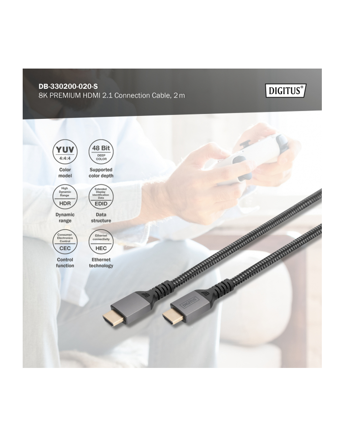digitus Kabel Premium połączeniowy HDMI 2.1 Ultra HighSpeed 8K60Hz UHD Typ HDMI A/A M/M 2m Czarny główny