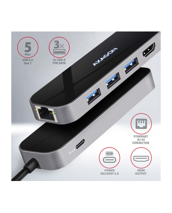 axagon Karta sieciowa HMC-6GL 3x USB-A, HDMI, RJ-45, USB 3.2 Gen 1 hub, PD 100W 20cm USB-C kabel