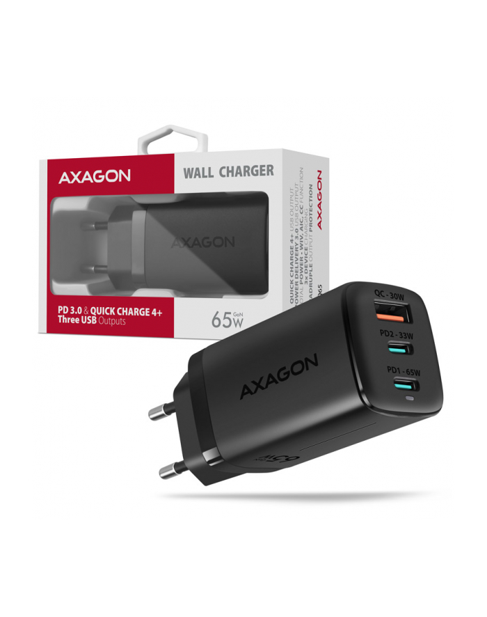 axagon Ładowarka sieciowa ACU-DPQ65, GaN 65W, 3x port (USB-A + dual USB-C), PD3.0/QC4+/PPS/Apple główny