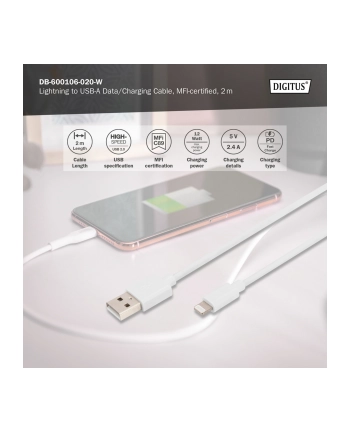 digitus Kabel do transmisji danych/ładowania USB A/Lightning MFI 2m Biały