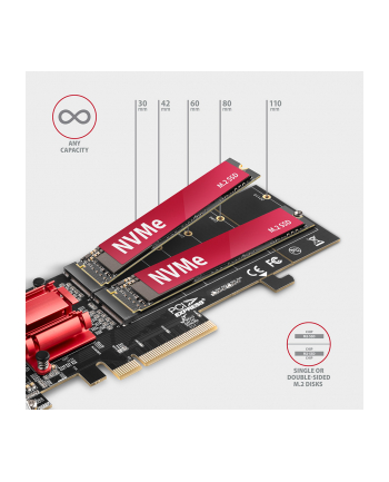 axagon Karta rozszerzeń PCEM2-ND, PCIe x 8 kontroler 2x slot M.2 NVMe M-key RAID wsparcie dla płyt bez bifurkacji, w zestawie LP