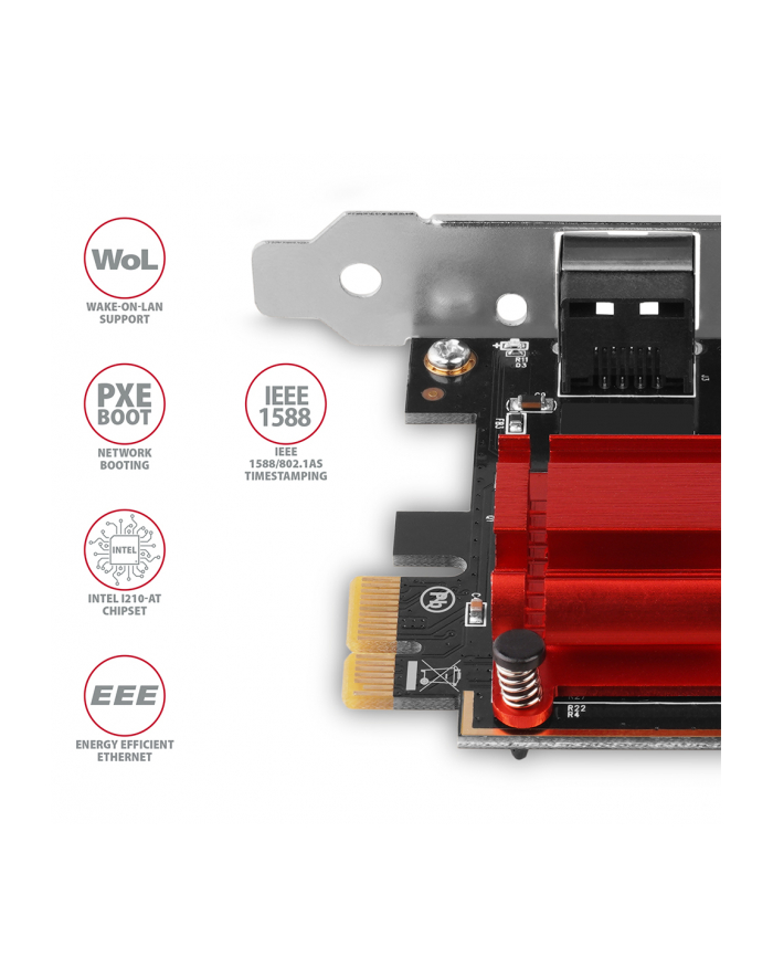axagon Karta sieciowa PCIe PCEE-GIX 1x Gigabit Ethernet port (RJ-45), Intel i210AT, PXE, LP główny