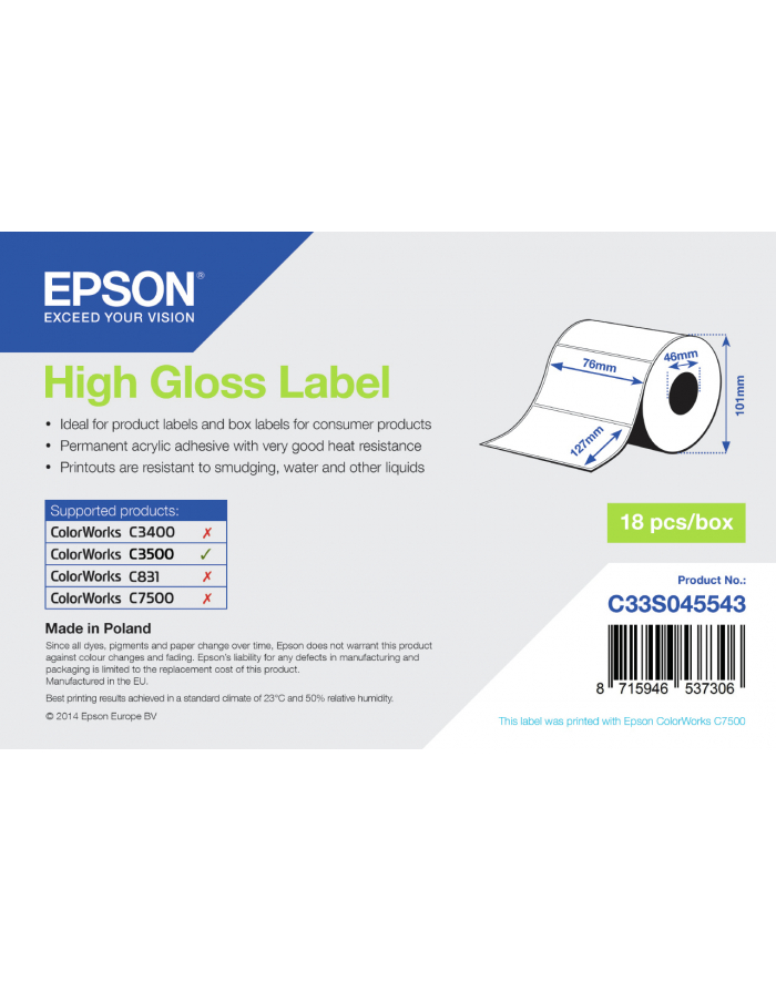 Epson High Gloss Label - Die-cut Roll: 76mm x 127mm, 250 labels C33S045543 główny