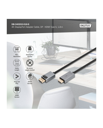 Kabel adapter DIGITUS PREMIUM DisplayPort - HDMI 4K 30Hz DP/HDMI M/M 1.8m