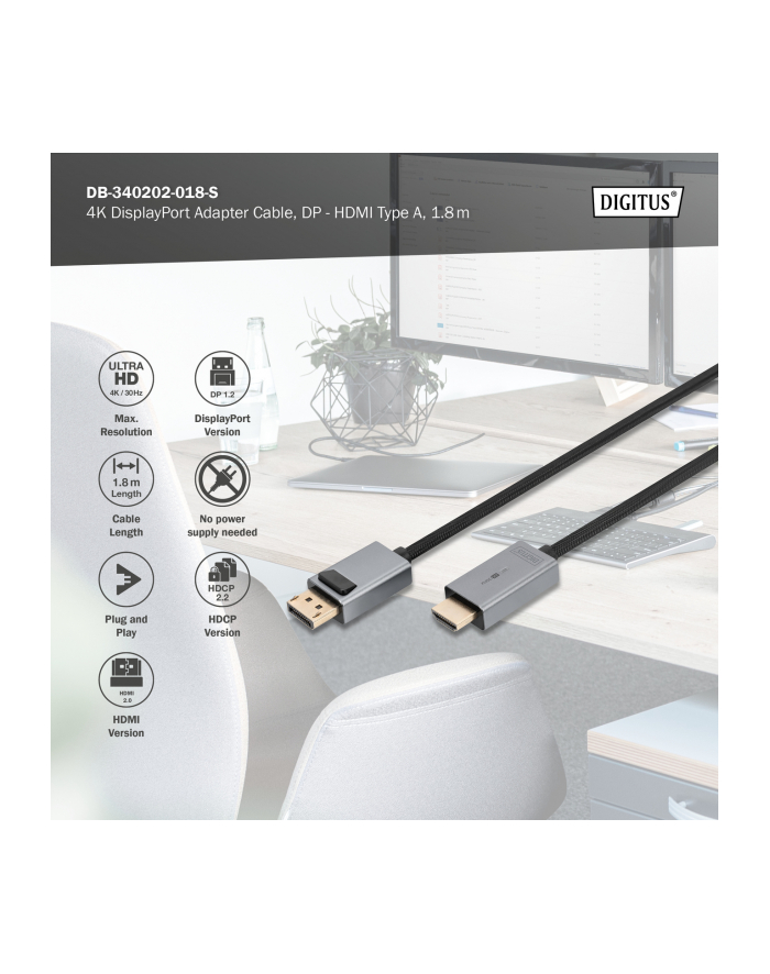 Kabel adapter DIGITUS PREMIUM DisplayPort - HDMI 4K 30Hz DP/HDMI M/M 1.8m główny