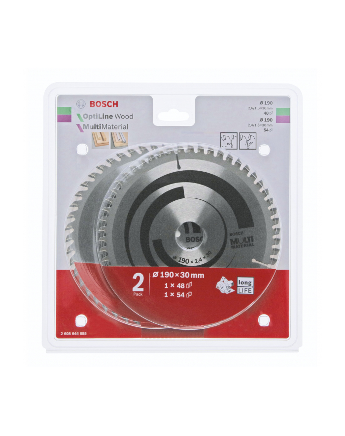 BOSCH PIŁA TARCZOWA DWUPAK OPTILINE WOOD 190x2,6/1,6x30x48z + MULTI MATERIAL 190x2,4/1,8x30x54z 2608644655 główny