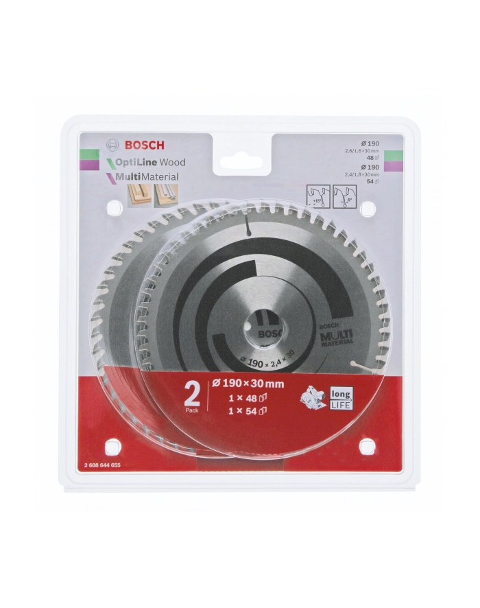 BOSCH PIŁA TARCZOWA DWUPAK OPTILINE WOOD 190x2,6/1,6x30x48z + MULTI MATERIAL 190x2,4/1,8x30x54z 2608644655 główny