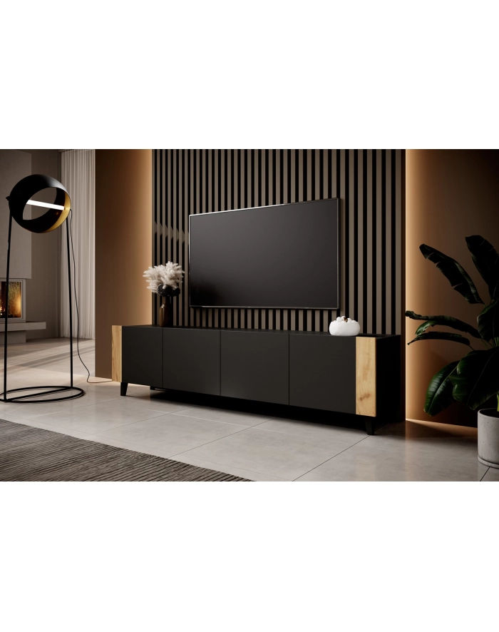 cama meble Szafka RTV FARO 200x42x52 czarny mat + dąb craft główny