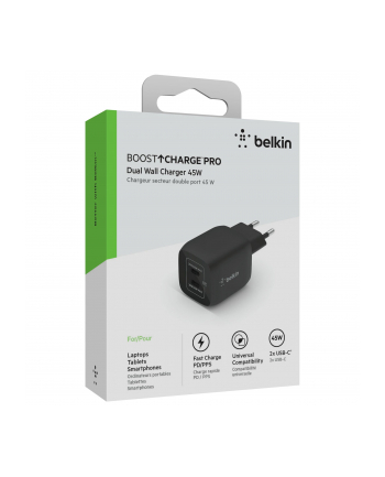 belkin Podwójna ładowarka ścienna 45W  USB-C GAN  z PPS Czarna