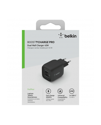 belkin Podwójna ładowarka ścienna 45W  USB-C GAN  z PPS Czarna