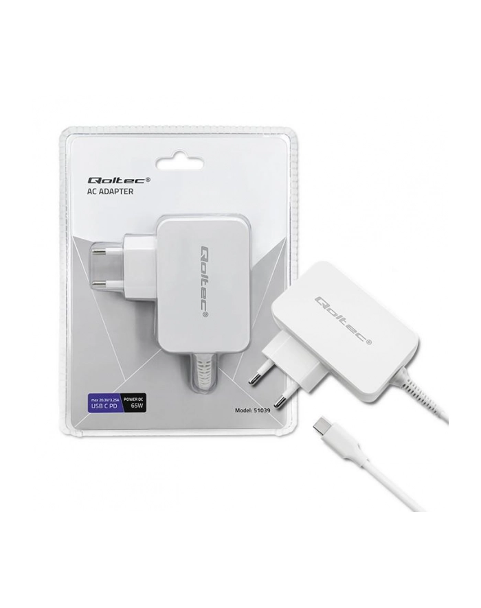qoltec Zasilacz sieciowy 65W | 5-20.3V | 2-3.25A | USB typ C | PD |     Biały główny