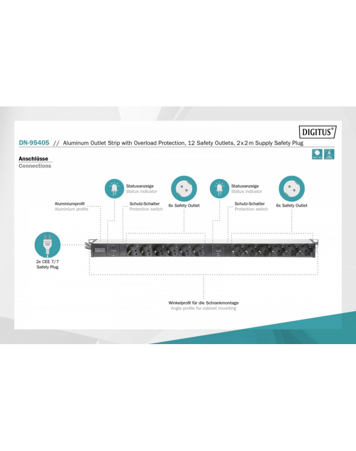 digitus Listwa zasilająca PDU 19' RACK, 12x gniazdo Schuko, 2x 2m wtyk Unischuko, 16A, zabezpieczenie przeciążeniowe, profil aluminiowy główny