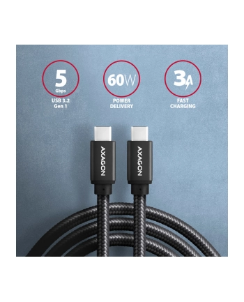 axagon Kabel BUCM3-CM15AB USB-C  USB-C, 1.5m, PD 60W, 3A, ALU, oplot Czarny