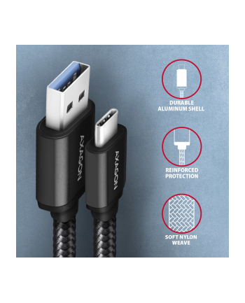 axagon Kabel BUCM3-AM15AB USB-C  USB-A, 1.5m, USB 3.2 Gen 1 3A, ALU, oplot, czarny