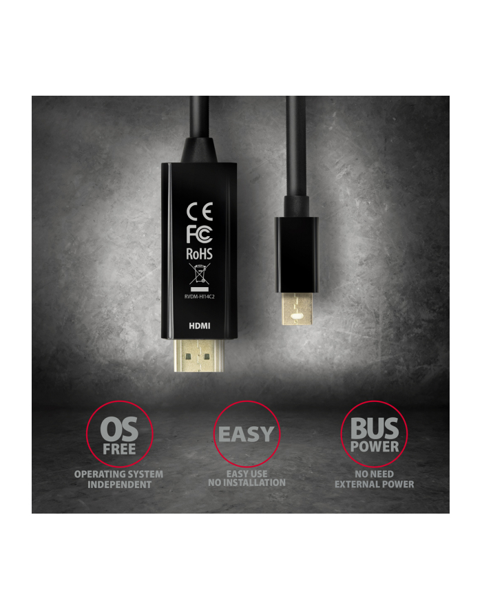 axagon Konwerter/kabel aktywny RVDM-HI14C2  Mini DP > HDMI 1.4 kabel 1.8m4K/30Hz główny