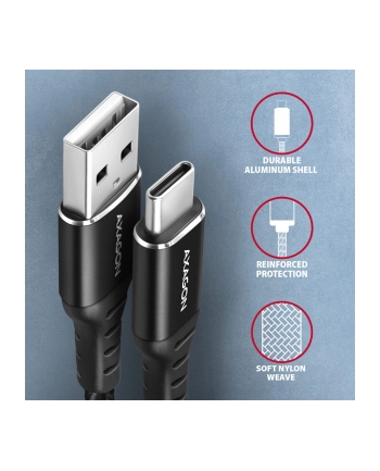 axagon BUCM-AM20AB Kabel USB-C - USB-A, 2m, USB 2.0, 3A, ALU, oplot, Czarny