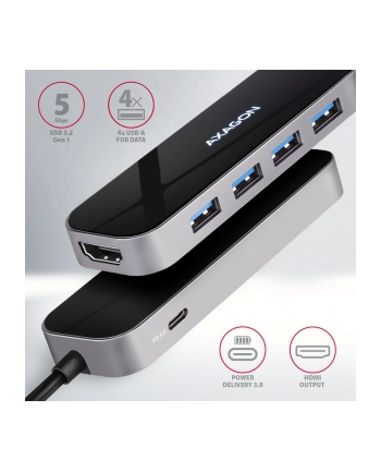 axagon HMC-6H4A Wieloportowy hub 4x USB-A + HDMI, USB-C 3.2 Gen 1, PD 100W, 20cm USB-C kabel