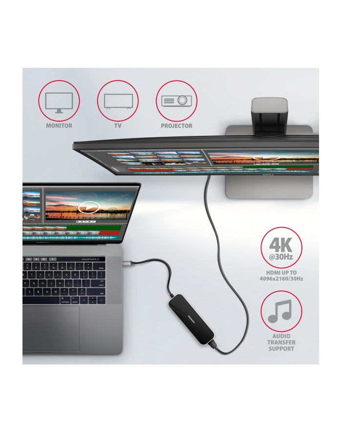 axagon HMC-6H4A Wieloportowy hub 4x USB-A + HDMI, USB-C 3.2 Gen 1, PD 100W, 20cm USB-C kabel główny