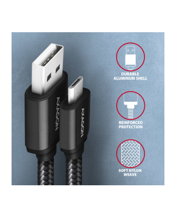 axagon BUMM-AM10AB Kabel Micro USB  USB-A, 1m, USB 2.0, 2.4A, ALU, oplot, Czarny