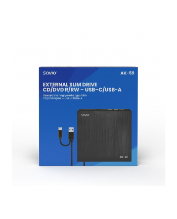 savio Zewnętrzna nagrywarka typu Slim CD/DVD R/RW, USB-C/USB-A, AK-59