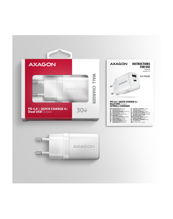 axagon ACU-PQ30W Ładowarka sieciowa PD ' QC 30W, QC3.0,4.0/AFC/FCP/PPS/Apple Biała główny