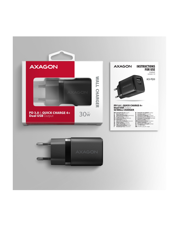 axagon ACU-PQ30 Ładowarka sieciowa, PD ' QC 30W, QC3.0,4.0/AFC/FCP/PPS/Apple, Czarna główny