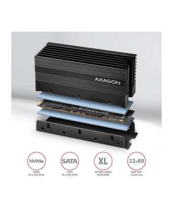 axagon CLR-M2XL Chłodnica aluminiowa pasywna do dysku M.2 SSD, ALU korpus, silikonowe podkładki termiczne, wysokość 36mm nr 1