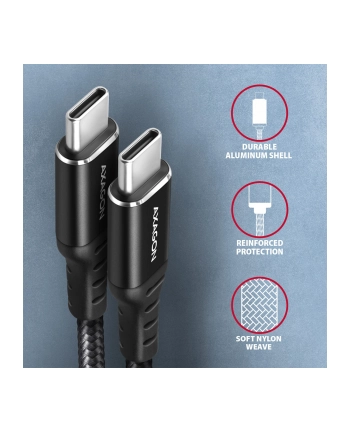 axagon Kabel BUCM-CM10AB USB-C  USB-C 2.0, 1m, PD 60W, 3A, ALU, oplot Czarny