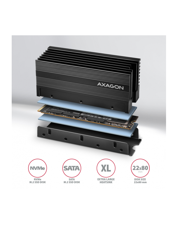 axagon CLR-M2XL Chłodnica aluminiowa pasywna do dysku M.2 SSD, ALU korpus, silikonowe podkładki termiczne, wysokość 36mm główny