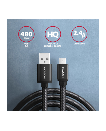 axagon Kabel BUMM-AM15AB Micro USB  USB-A, 1.5m, USB 2.0, 2.4A, ALU, oplot, Czarny