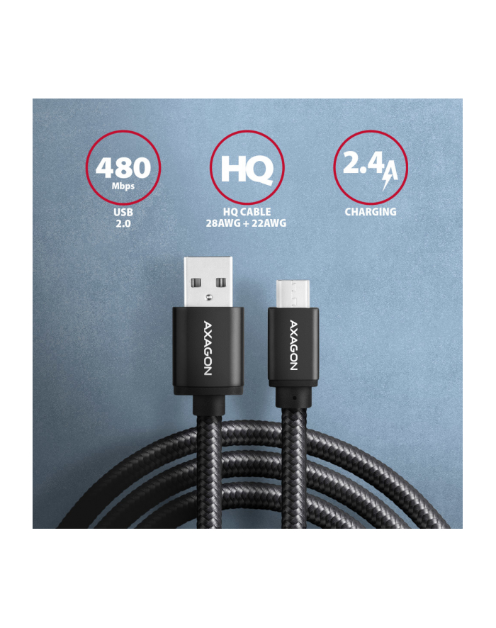 axagon Kabel BUMM-AM20AB Micro USB USB A, 2m, USB 2.0, 2.4A, ALU, oplot Czarny główny