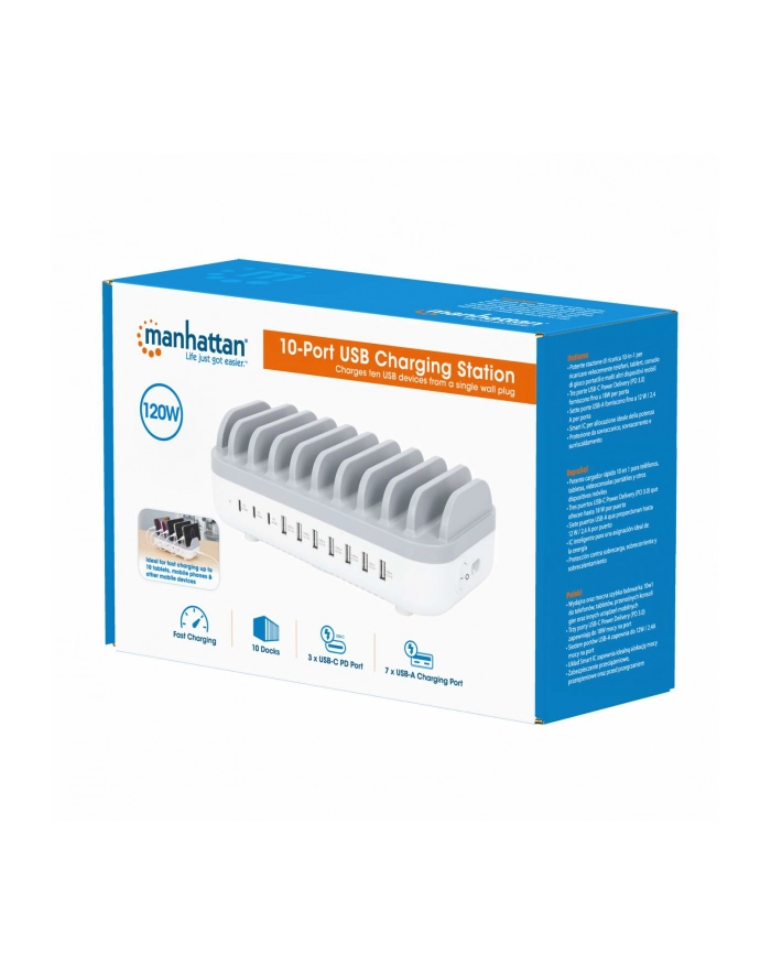MANHATTAN 10-Port USB Charging Station 3x USB-C PD Ports up to 18 W/Port 7x USB-A Ports up to 12 W 2.4 A/Port 120 W Total White/Gray główny