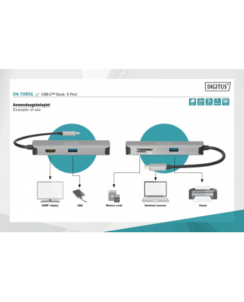 digitus Stacja dokująca USB-C, 5-portów 4K 30Hz HDMI 2x USB3.0 microSD SD/MMC srebrna