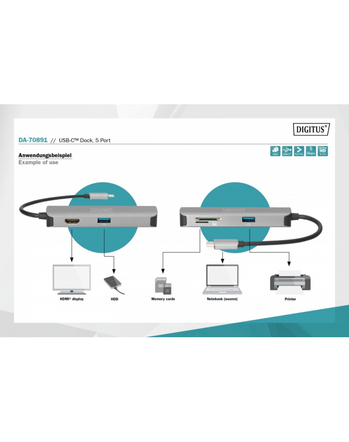 digitus Stacja dokująca USB-C, 5-portów 4K 30Hz HDMI 2x USB3.0 microSD SD/MMC srebrna główny