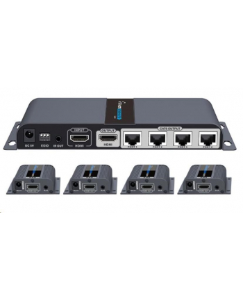 PREMIUMCORD  HDMI 1-4 SPLITTER + 4X EXTENDER ZA POMOCĄ KABLA CAT6/6A/7, Z ZASILACZEM, METALOWA OBUDOWA, ROZDZIELCZOŚĆ WIDEO FULL HD 1080P 60HZ, 3D, HD