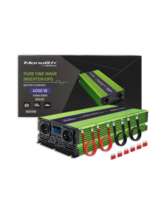 qoltec Przetwornica napięcia Monolith | ładowanie baterii | UPS | 2000W | 4000W | 12V na 230V | Czysty Sinus | LCD główny