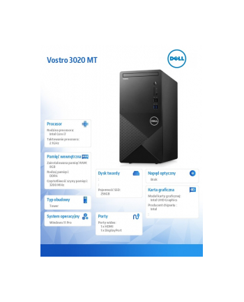 dell Komputer Vostro 3020 MT/Core i7-13700/8GB/256GB SSD/Intel UHD 770/WLAN + BT/Kb/Mouse/W11Pro