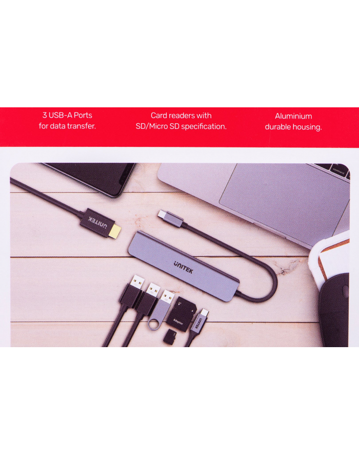 UNITEK HUB USB-C 7W1, HDMI 4K, PD 100W, 5GBPS, ALU główny