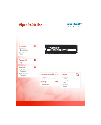 patriot Dysk SSD 1TB Viper P400 Lite 3500/2700MB/s PCIe M.2 Gen 4x4 NVMe1.4