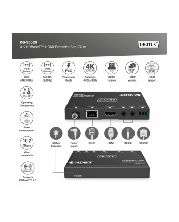 digitus Przedłużacz/Extender HDMI 4K 30Hz 70m po skrętce Cat.6/7/8 HDBaseT HDCP2.2 IR RS232 PoC, zestaw