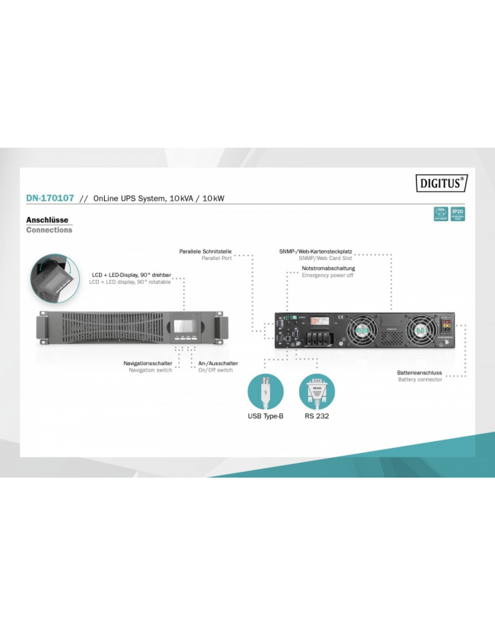 digitus Zasilacz awaryjny UPS Online Rack 19'/Tower, 10kVA/10kW, 2U, bez baterii (moduł baterii DN-170108) główny