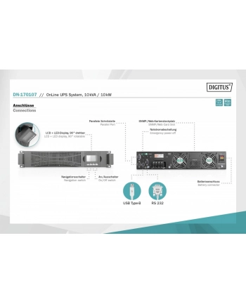 digitus Zasilacz awaryjny UPS Online Rack 19'/Tower, 10kVA/10kW, 2U, bez baterii (moduł baterii DN-170108) nr 1