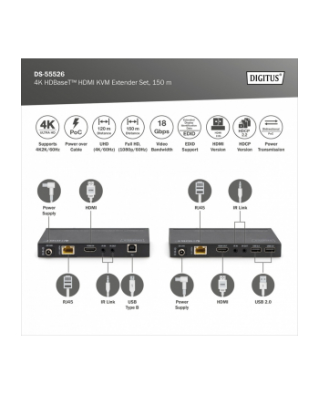 digitus Przedłużacz/Extender HDMI 4K 60Hz 150m po skrętce Cat.6A/7/8 HDBaseT HDCP2.2 IR EDID PoC, zestaw
