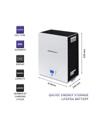 qoltec Magazyn energii LiFePO4| 9.6kWh | 48V | BMS | LCD