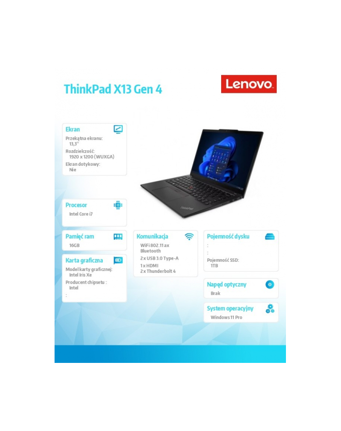lenovo Ultrabook ThinkPad X13 G4 21EX004BPB W11Pro i7-1355U/16GB/1TB/INT/13.3 WUXGA/Deep Black/3YRS Premier Support + CO2 Offset główny