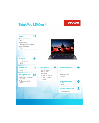 lenovo Laptop ThinkPad L15 AMD G4 21H7001NPB W11Pro 7530U/16GB/512GB/INT/15.6 FHD/Thunder Black/1YR Premier Support + 3 YRS OS