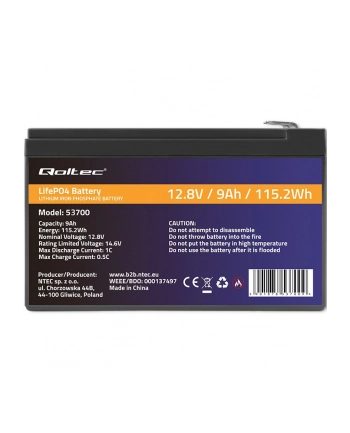 qoltec Akumulator LiFePO4 Litowo-Żelazowo-Fforanowy | 12.8V | 9Ah |     115.2Wh | BMS nr 2